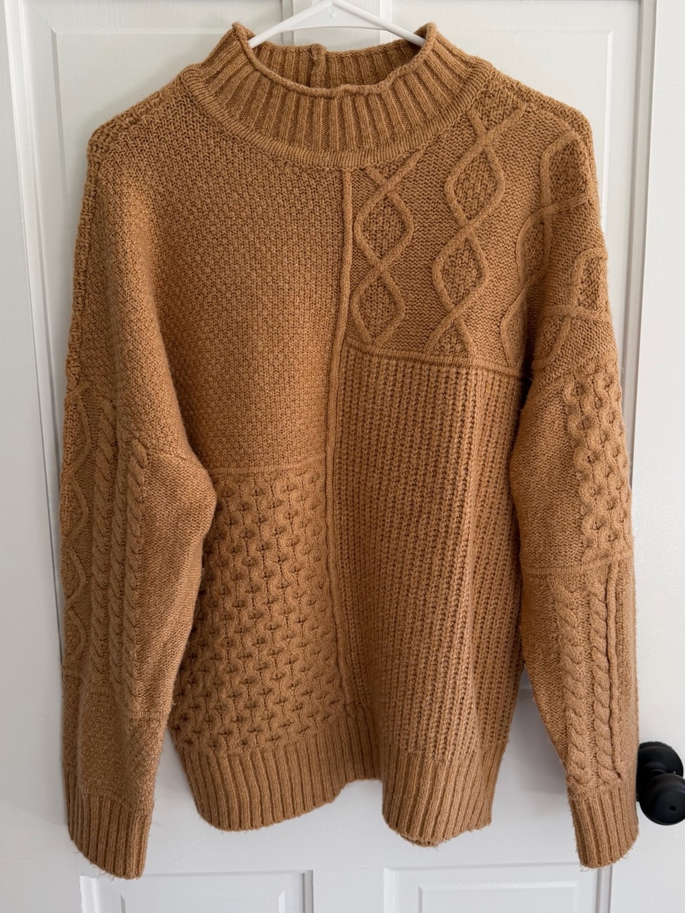 American Eagle Patchwork Cable Knit Mock Neck Sweater Camel Medium